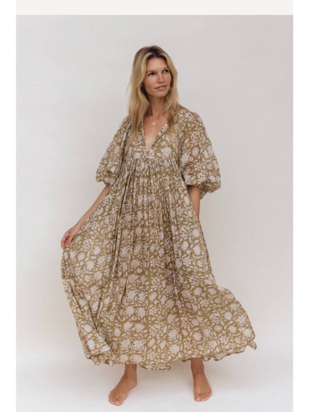 Daughters of India Kyra Midi Dress Small Cumin Tan Cotton Boho Floral Summer